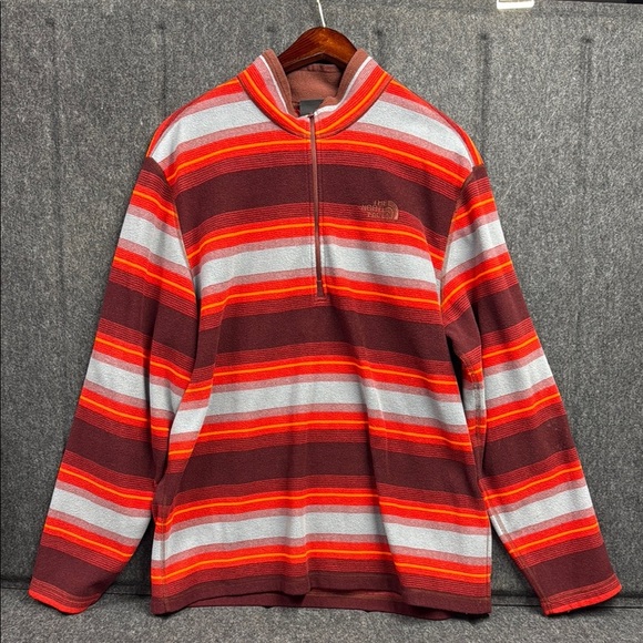 The North Face Red and Gray Zip Up Sweater with Bold Stripes - Picture 1 of 5